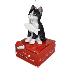 Black and White Cat with Fish Ornament
