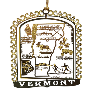 Solid Brass Ornament - Vermont Map and Landmarks