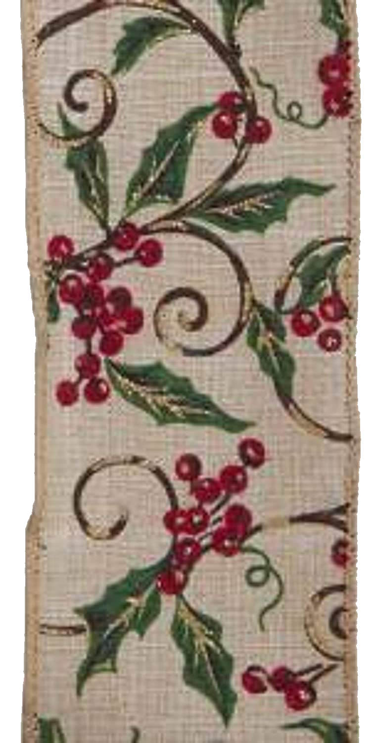 Holly Print Wire Ribbon - 2.5" x 10 Yards