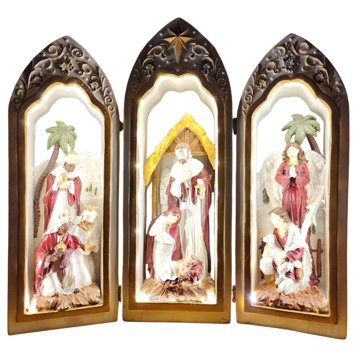 Lighted Holy Family Triptych with Pearlized Finish And Scrolls
