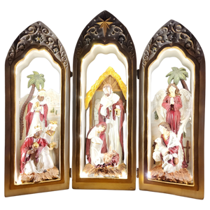 Lighted Holy Family Triptych with Pearlized Finish And Scrolls