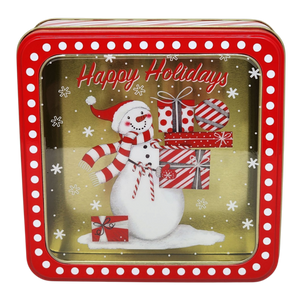 Square Cookie Tin with Window - Happy Holidays Snowman