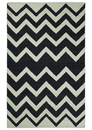 Black and Beige Chevron Design Hand Woven Dhurrie Rug