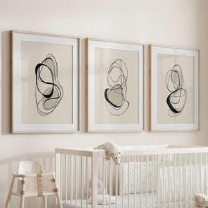 Black and Beige Abstract Set of 3 Wall Art. Minimalist Lines