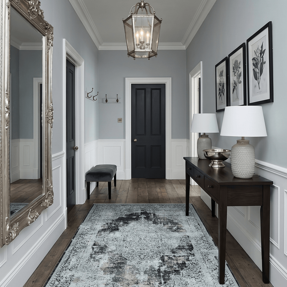 Black and Silver Vintage look Power loomed Art Silk Area Rug