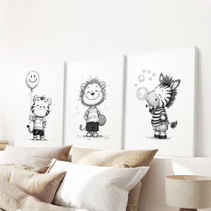 Black White Gender-Neutral Nursery Art Set. Lion Tiger Zebra