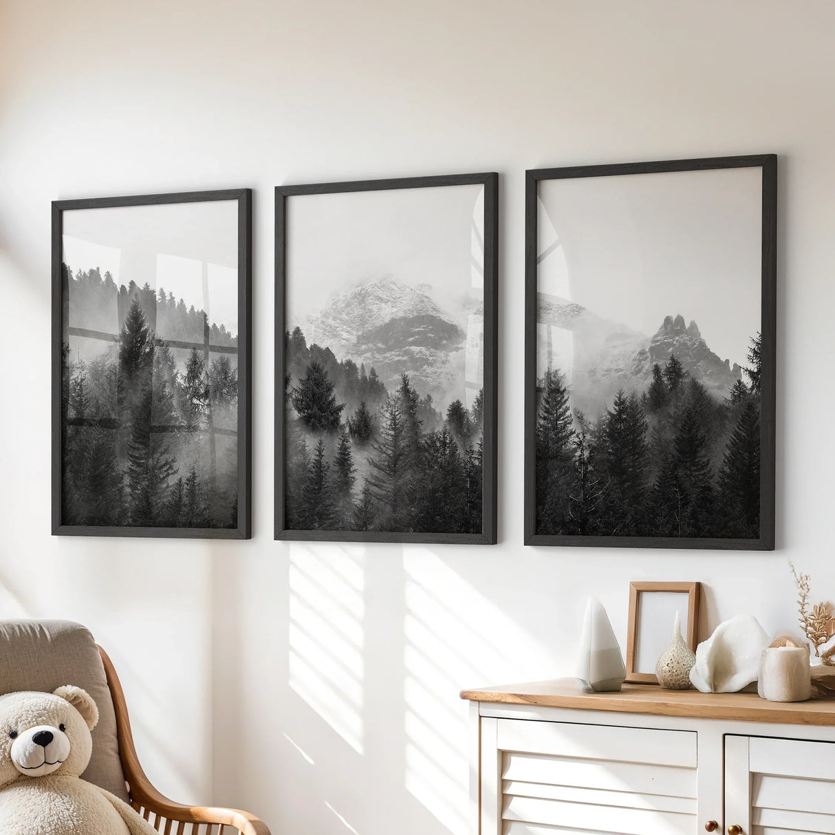 Black White Forest Triptych. Misty Mountains Nature Posters