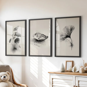 Minimalist Japanese Set of 3 Prints. Black and White Flowers Decor