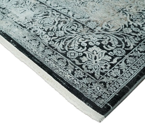 Black and Silver Vintage look Power loomed Art Silk Area Rug