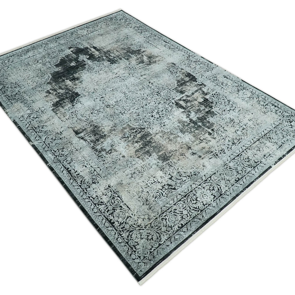 Black and Silver Vintage look Power loomed Art Silk Area Rug