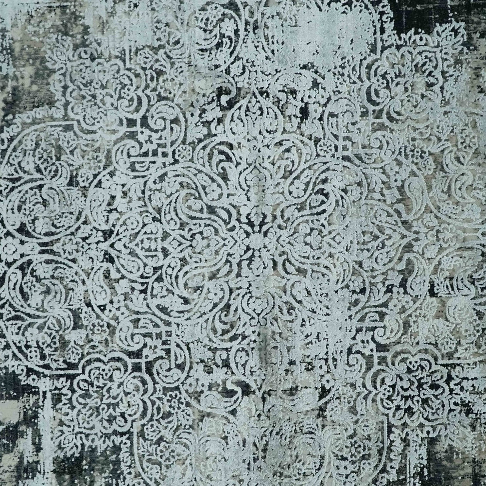 Black and Silver Vintage look Power loomed Art Silk Area Rug