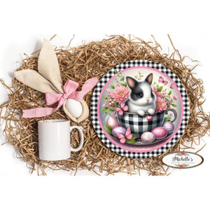 Black Check Easter Spring Bunny Teacup Sign