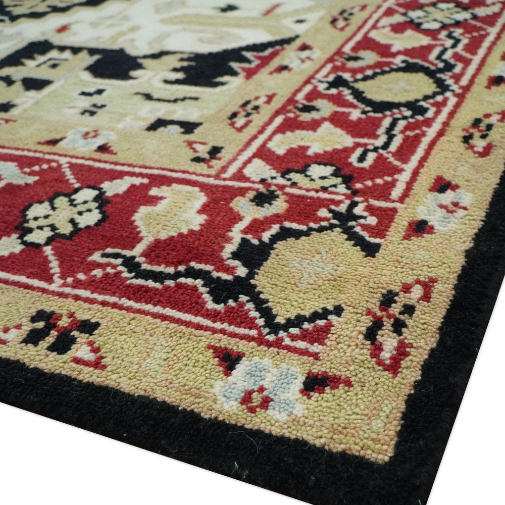 Black, Ivory, Olive and Brown Hand knotted Traditional Heriz Medallion Multi Size Wool Area Rug