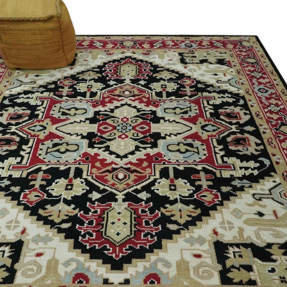 Black, Ivory, Olive and Brown Hand knotted Traditional Heriz Medallion Multi Size Wool Area Rug