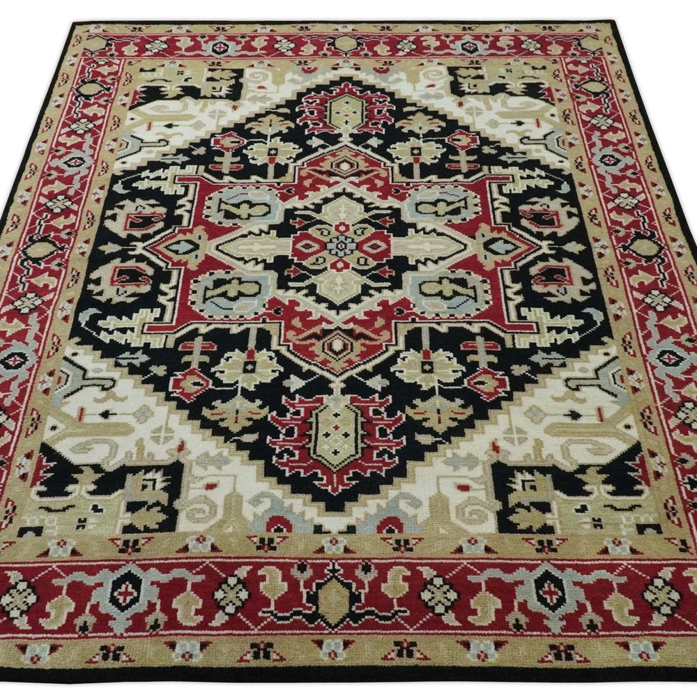 Black, Ivory, Olive and Brown Hand knotted Traditional Heriz Medallion Multi Size Wool Area Rug