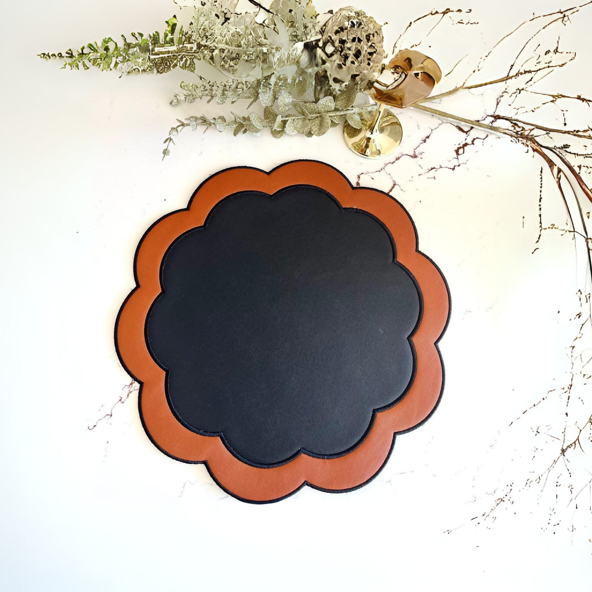 Serenity Black Orange Scalloped Faux Leather Placemats