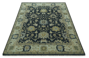 Black, Silver and Olive Oushak Hand Knotted Custom Made Wool Rug