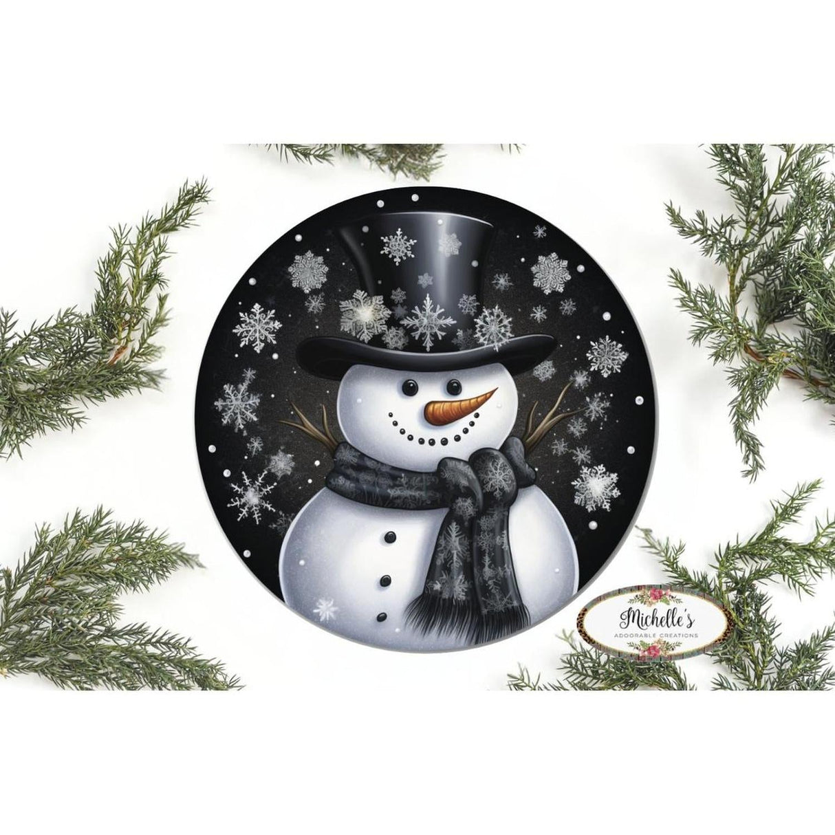 Black Snowflake Snowman Round Sign - Wreath Enhancement