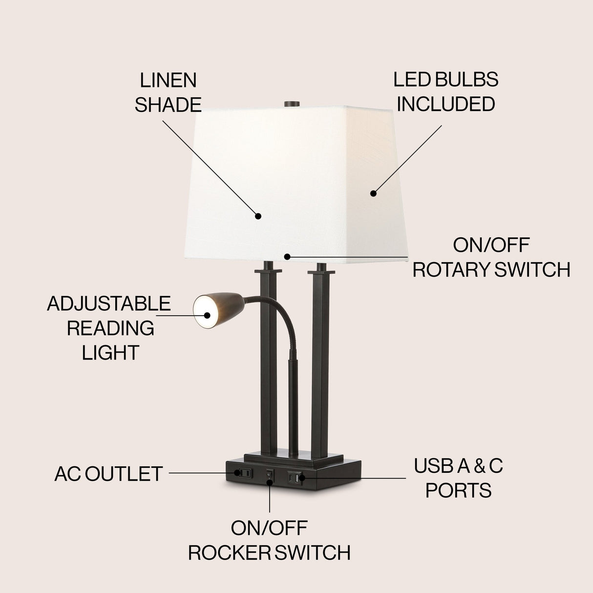 Blaire 2 - light modern farmhouse metal led table lamp with usb charging port - Tuesday Morning - Table Lamps