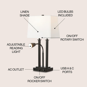 Blaire 2 - light modern farmhouse metal led table lamp with usb charging port - Tuesday Morning - Table Lamps