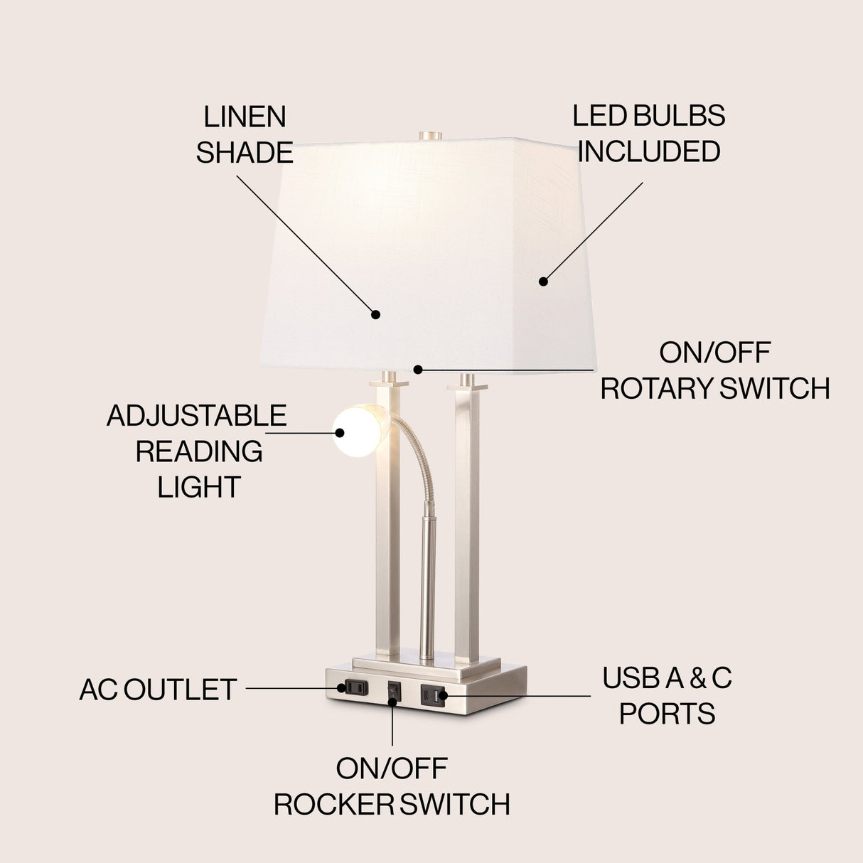 Blaire 2 - light modern farmhouse metal led table lamp with usb charging port - Tuesday Morning - Table Lamps