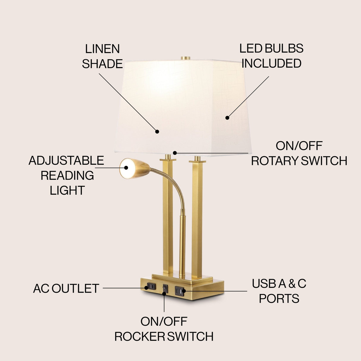 Blaire 2 - light modern farmhouse metal led table lamp with usb charging port - Tuesday Morning - Table Lamps