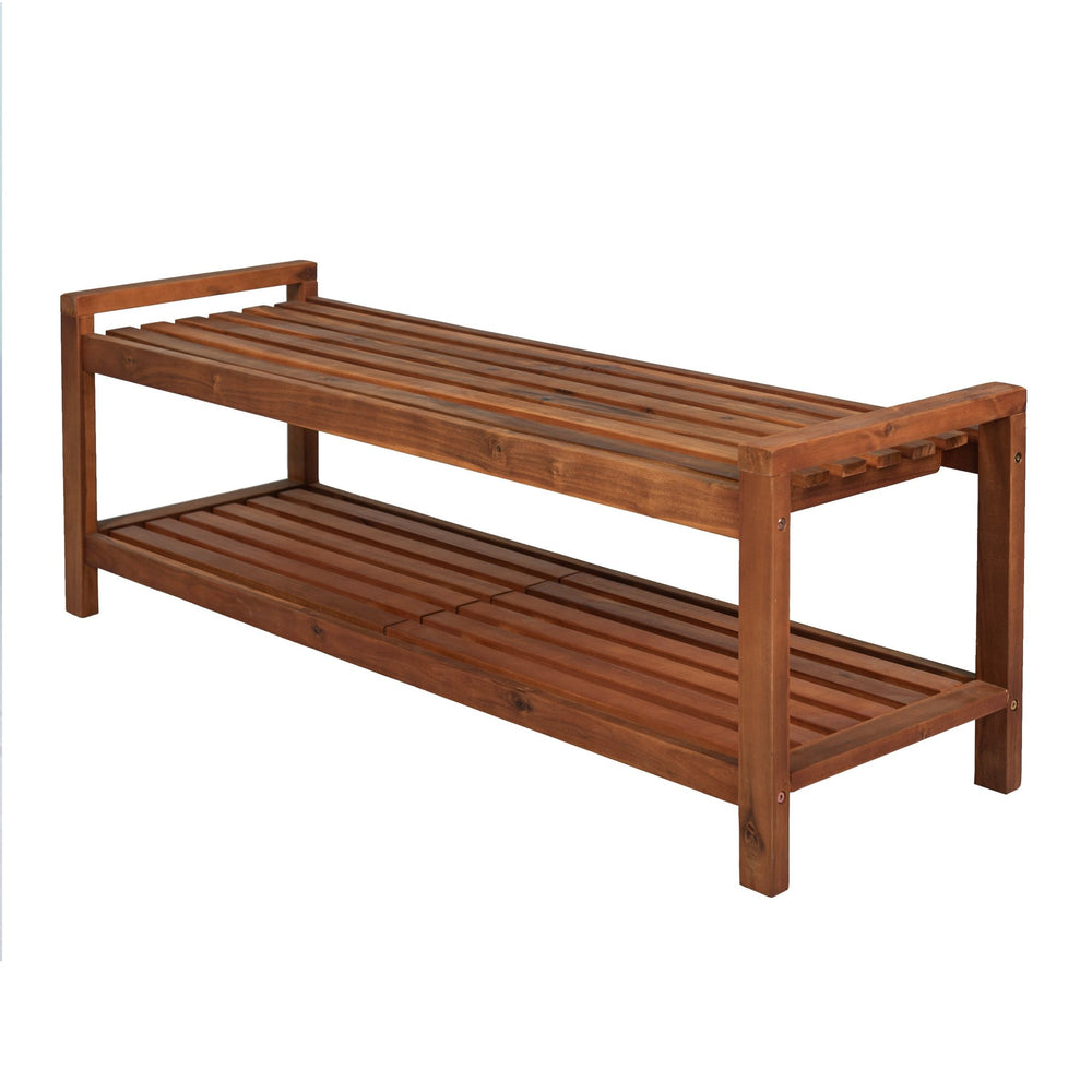 Blane 3 - seat mid - century modern support acacia wood slat outdoor garden patio bench - Tuesday Morning - Outdoor Benches