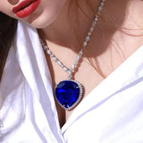 Blue Heart Crystal Necklace S925 Silver Zirconia Pendant 57cm Chain