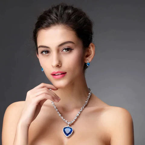 Blue Heart Crystal Necklace S925 Silver Zirconia Pendant 57cm Chain