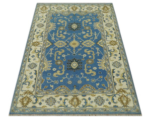 Blue and Beige 6x9 Hand Knotted Traditional Oushak wool area rug