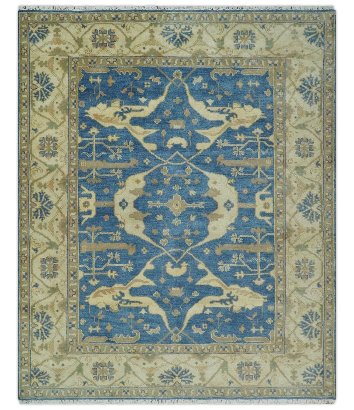 Blue and Beige Hand Knotted Traditional Oriental Oushak 8x10 wool Area Rug