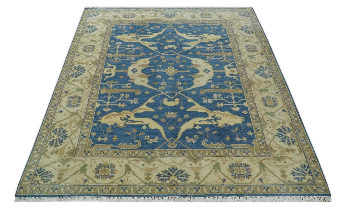 Blue and Beige Hand Knotted Traditional Oriental Oushak 8x10 wool Area Rug