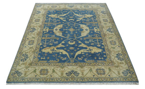 Blue and Beige Hand Knotted Traditional Oriental Oushak 8x10 wool Area Rug