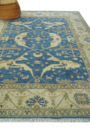 Blue and Beige Hand Knotted Traditional Oriental Oushak 8x10 wool Area Rug