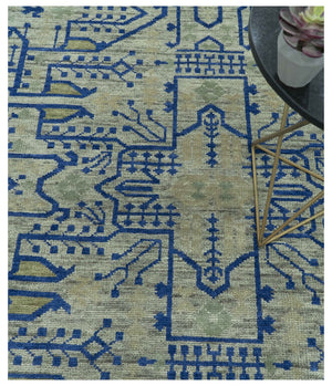 Blue And Beige Modern Design Hand Knotted Custom Made Wool Area Rug