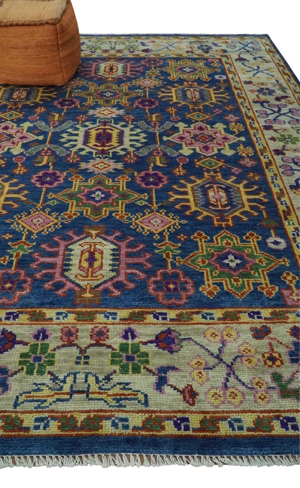 Blue and Beige Traditional Turkish Design Wool Hand Knotted Multi Sizes Area Rug