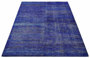 Blue and Charcoal Modern Abstract Hand knotted 8x10 Art Silk Area Rug