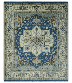Antique look Blue, Ivory and Olive Traditional Heriz Medallion Multi Size wool Area Rug