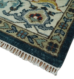 Custom Made Blue and Ivory Hand Knotted Medallion Design Wool Area Rug