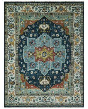 Custom Made Blue and Ivory Hand Knotted Medallion Design Wool Area Rug