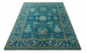 Blue and Mustard Hand knotted Traditional Oriental Oushak 9x12 wool Area Rug