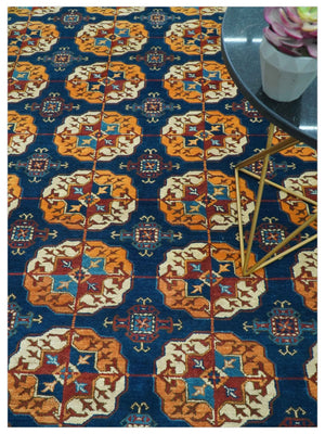 Blue And Mustard Traditional Medallion Design 8x10 Hand Knotted wool Area Rug
