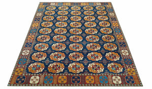 Blue And Mustard Traditional Medallion Design 8x10 Hand Knotted wool Area Rug