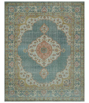 Blue And Peach Traditional Turkish Design Hand Knotted 8x10 Wool Area Rug
