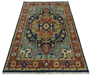 Blue and Rust Hand Knotted 8x10, 9x12, 10x14 and 12x15 Wool Antique Area Rug