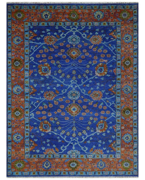 Blue and Rust Hand Knotted Traditional Floral Oushak 8.9x12.1 Wool Area Rug