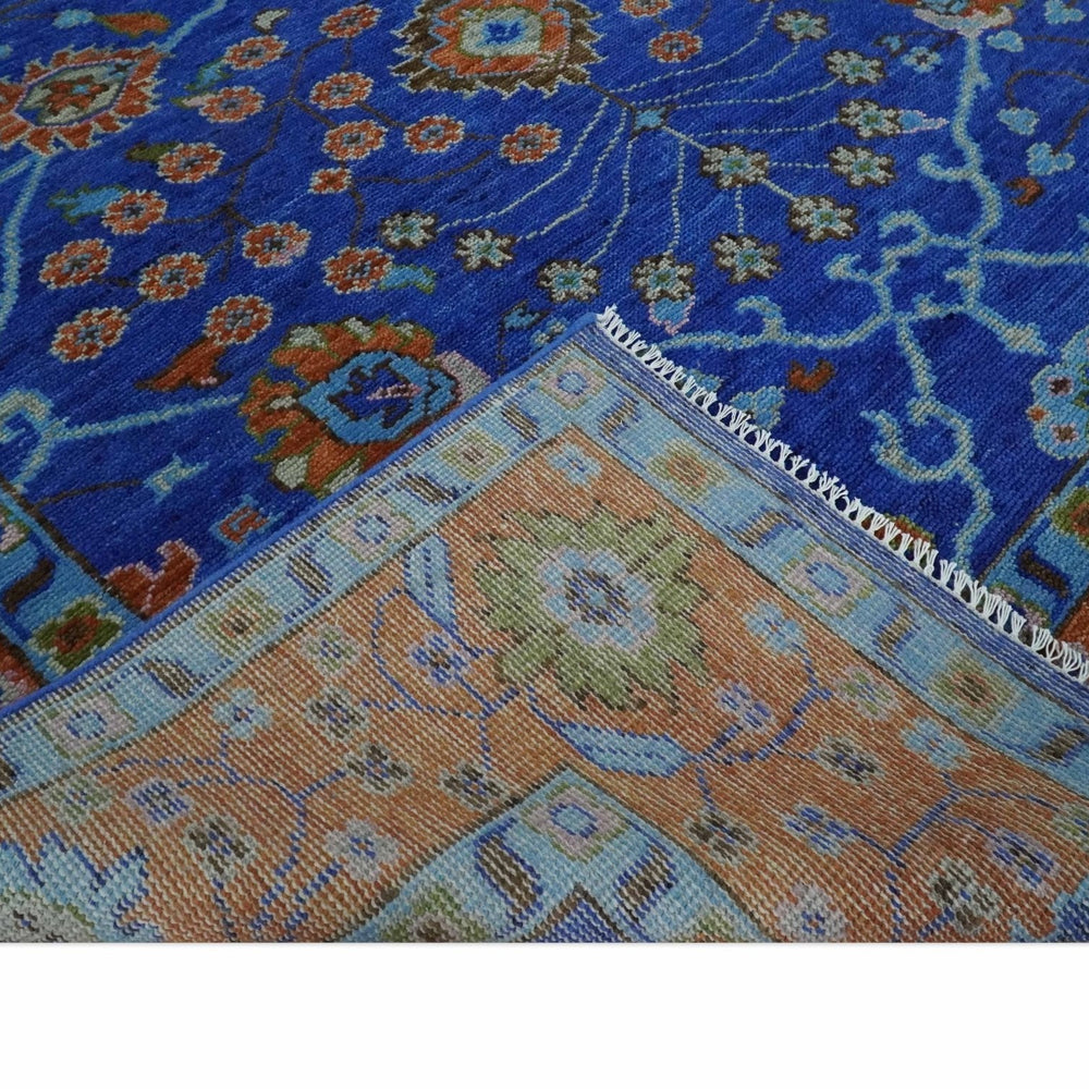 Blue and Rust Hand Knotted Traditional Floral Oushak Multi Size Wool Area Rug