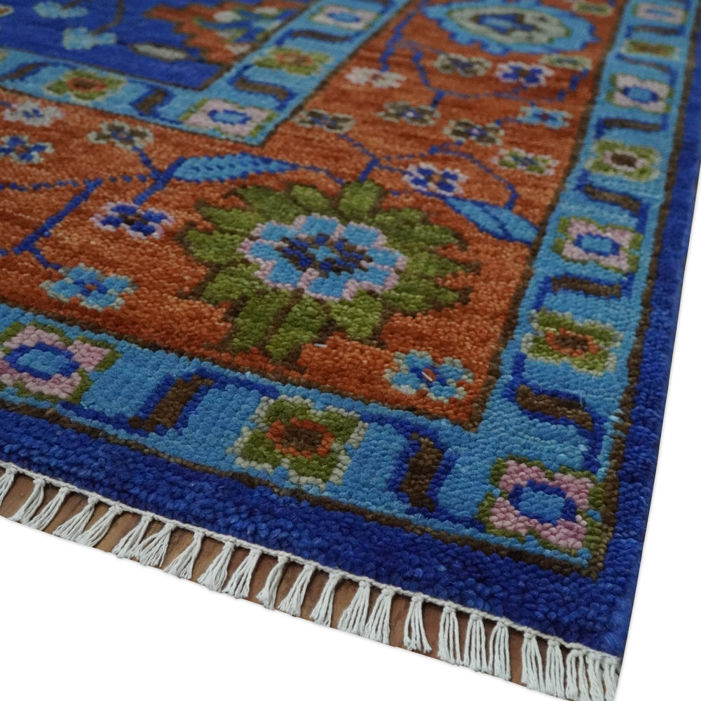 Blue and Rust Hand Knotted Traditional Floral Oushak Multi Size Wool Area Rug