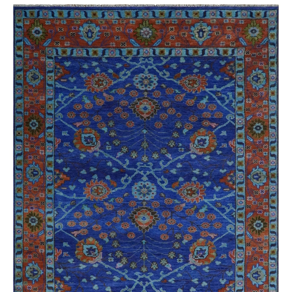 Blue and Rust Hand Knotted Traditional Floral Oushak Multi Size Wool Area Rug