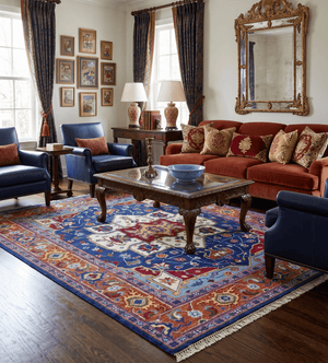 Blue and Rust Hand Knotted Traditional Heriz Multi Size wool Area Rug